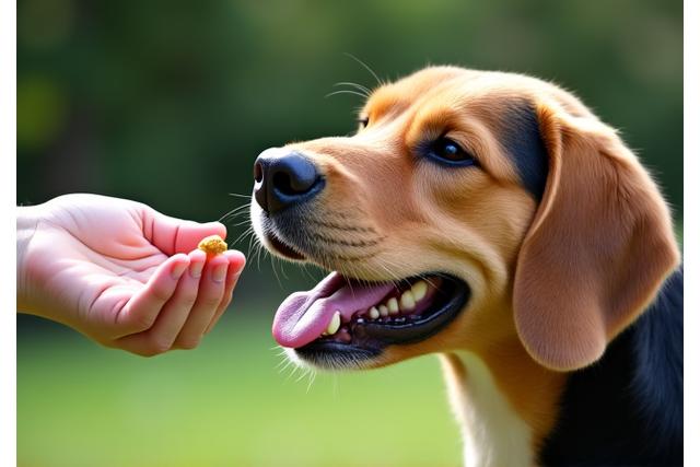 A hand offering treat to a happy dog during training, demonstrating positive reinforcement.